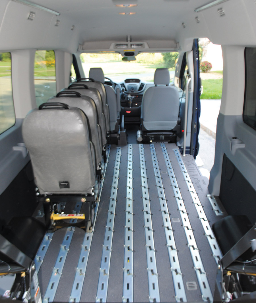 Forward interior view of an AbiliTrax up-fitted Ford Transit van