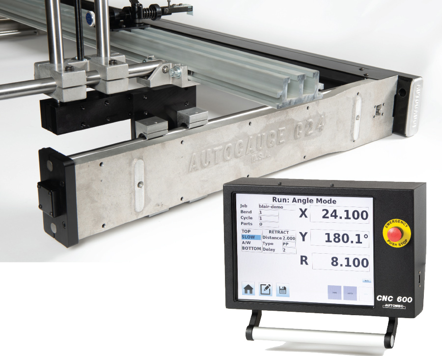 Automec’s autogauges like the G24 series (above), provide superior reliability and repeatability. The CNC600 touch-screen control can be used with new 1-, 2- or 3-axis back-gauge systems.
