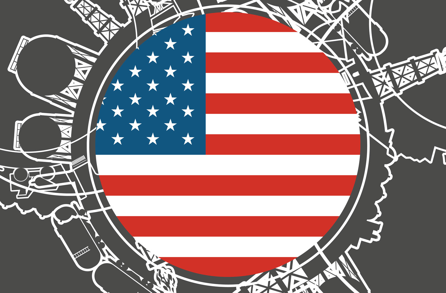 circular American flag surrounded by clipart of oil rigs