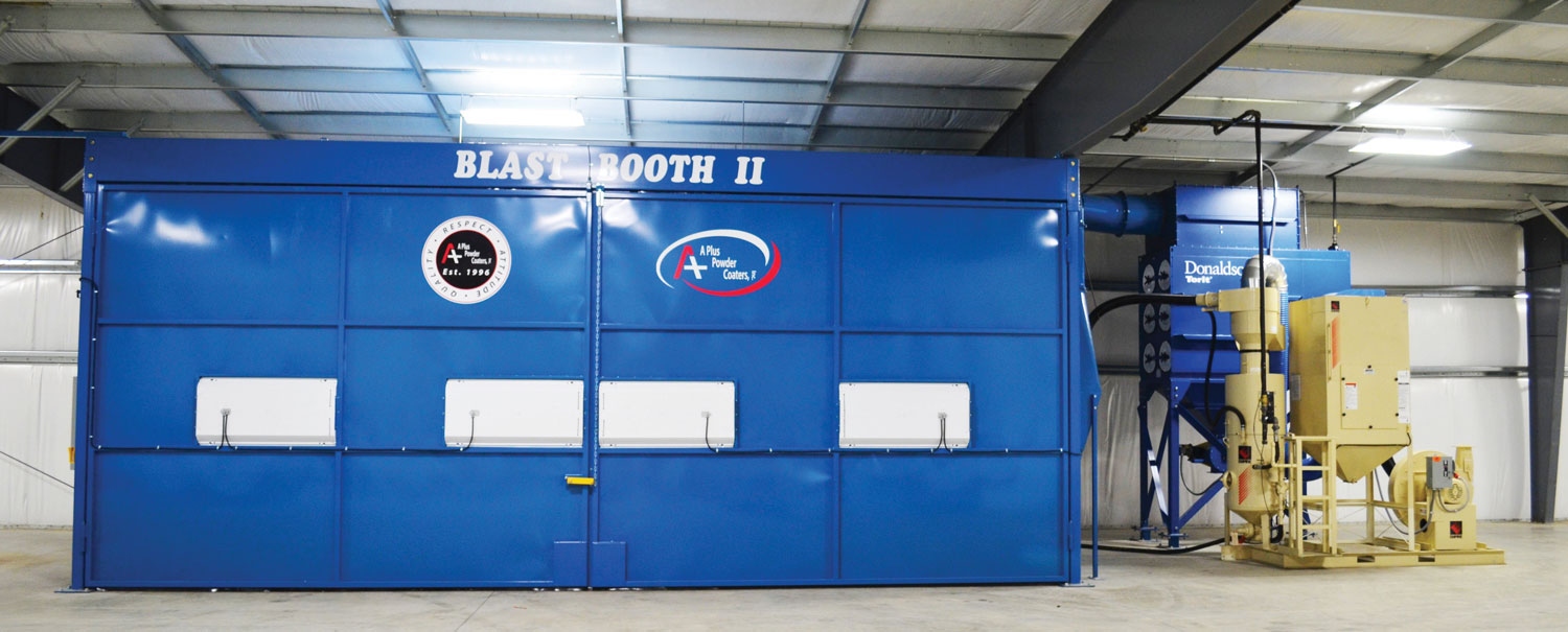The second of two media blasting rooms that allow A Plus Powder Coaters to media blast parts up to 12 ft. by 15 ft. by 30 ft.