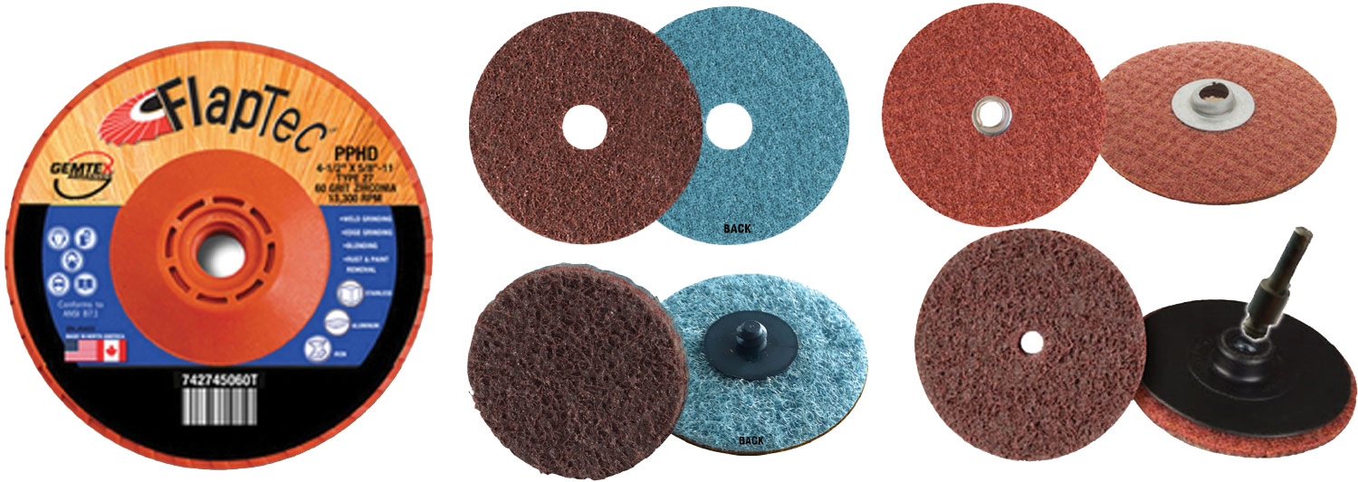 Flaptec premium flap discs, left; NB-27 surface conditioning discs